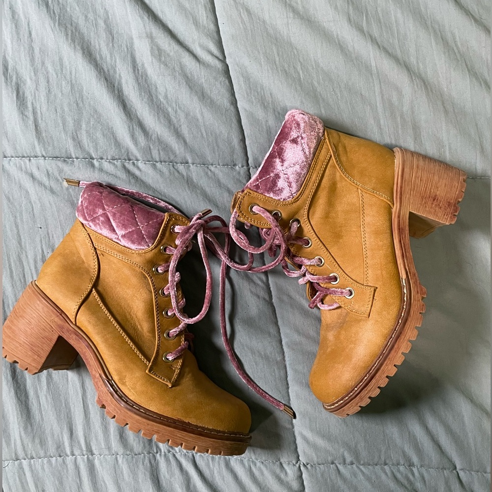 Velvet pleather tan combat chunky boot heel